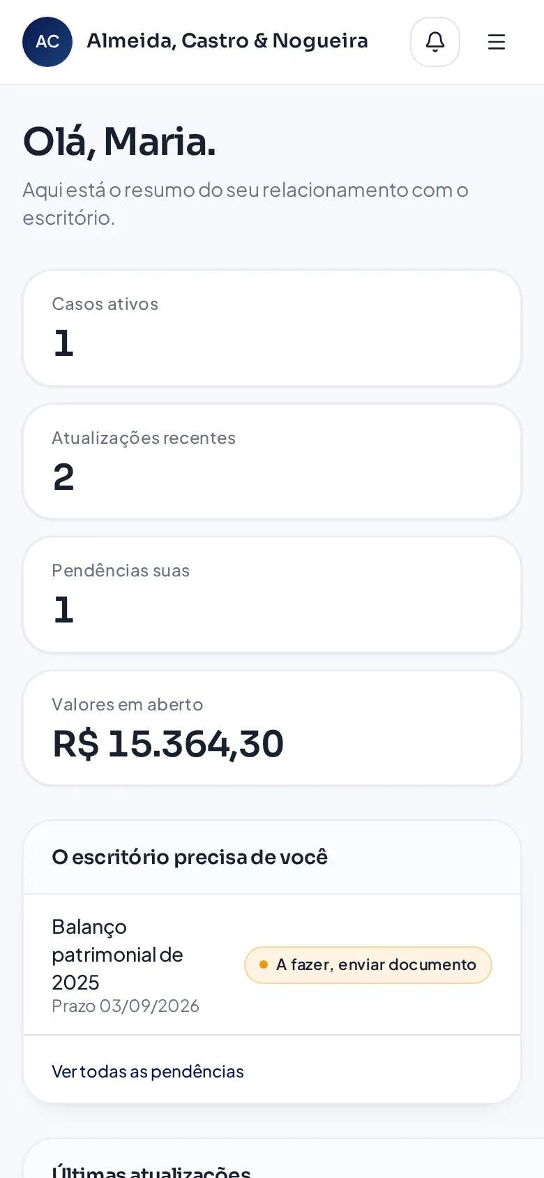 Portal do cliente para advocacia na interface da LegalBridge