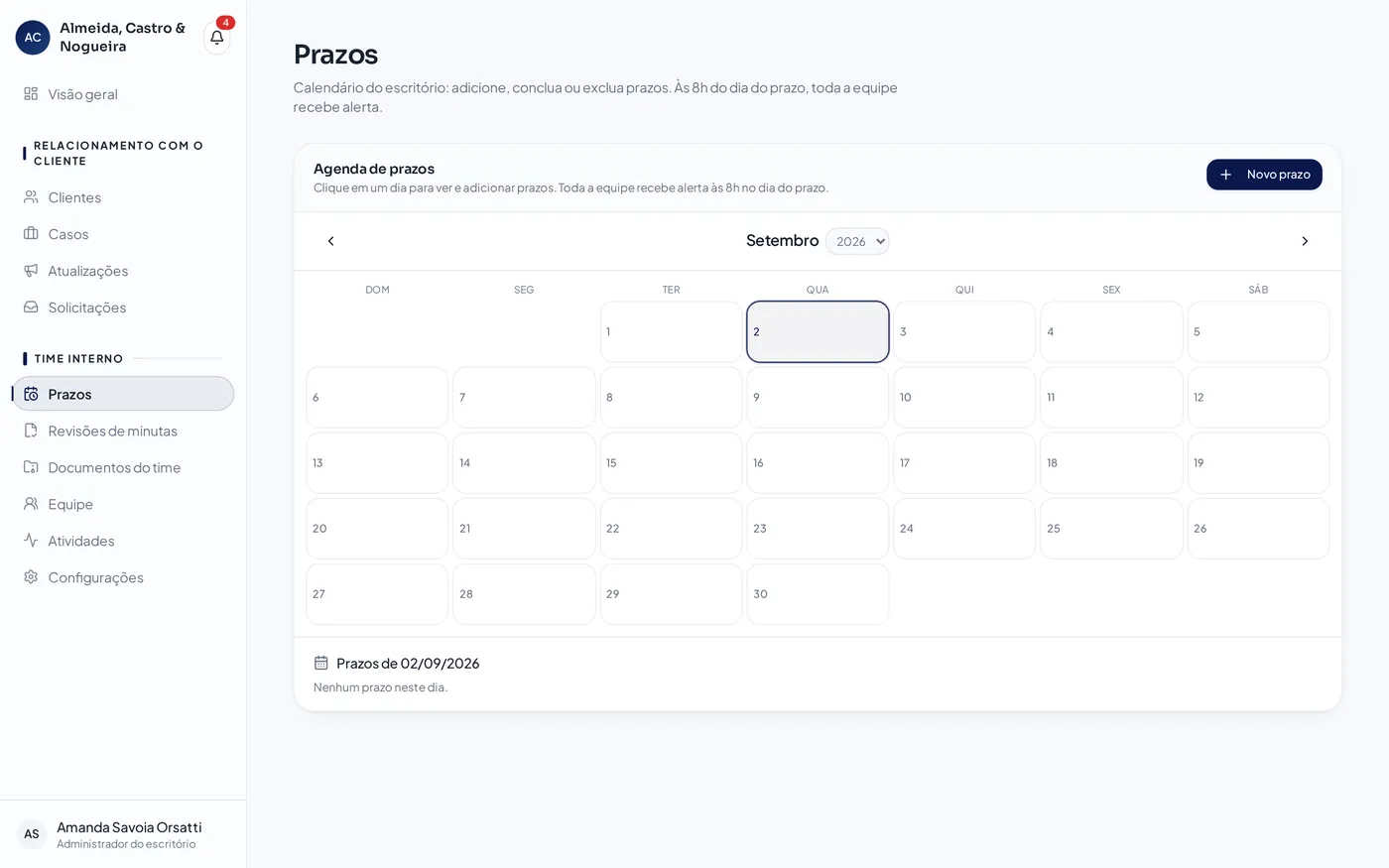 Controle de prazos processuais na interface da LegalBridge